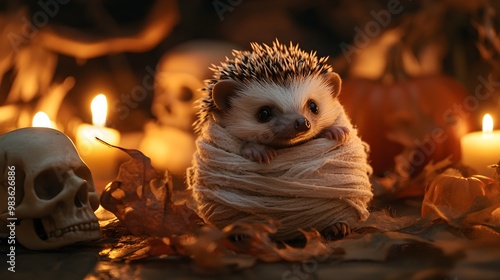 A hedgehog dressed as a mummy, covered in delicate bandages, scurries across a Halloween-themed scene. The background features dim lighting, with spooky props such as skulls and glowing candles,  photo