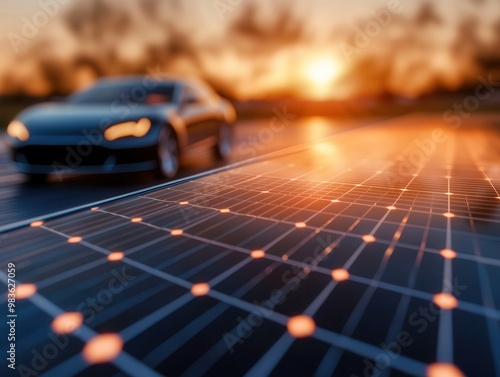 Electric Car Charging at Sunset with Solar Panels.