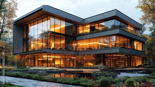 Modern glass building with warm lighting in a landscaped setting.