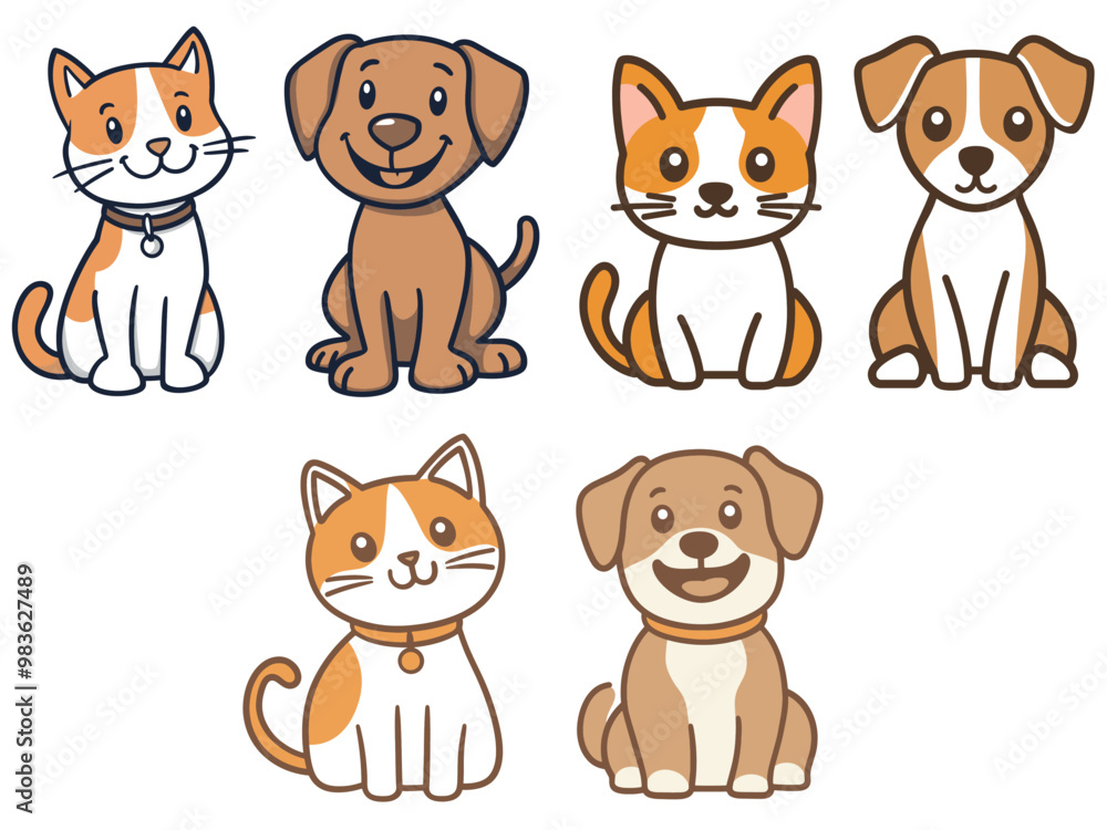 Illustration of cats and dogs sitting, drawn in a simple, cartoon style.