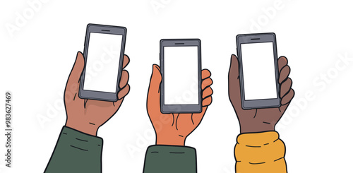 Three hands are holding smartphones with blank screens, ready for interaction.