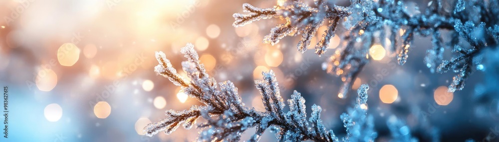 A close-up of frosted pine needles shimmering with ice crystals, illuminated by soft sunlight and magical bokeh effects. A close-up of frosted pine needles shimmering with ice crystals, illuminated by soft sunlight and magical bokeh effects.