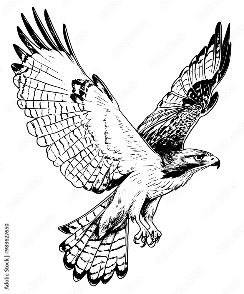 Black and white illustration of a red-tailed hawk in flight, showcasing detailed feathers and outstretched wings.
