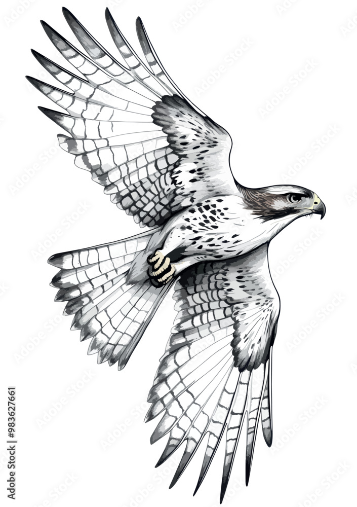 Black and white illustration of a red-tailed hawk in flight, showcasing detailed feathers and outstretched wings.