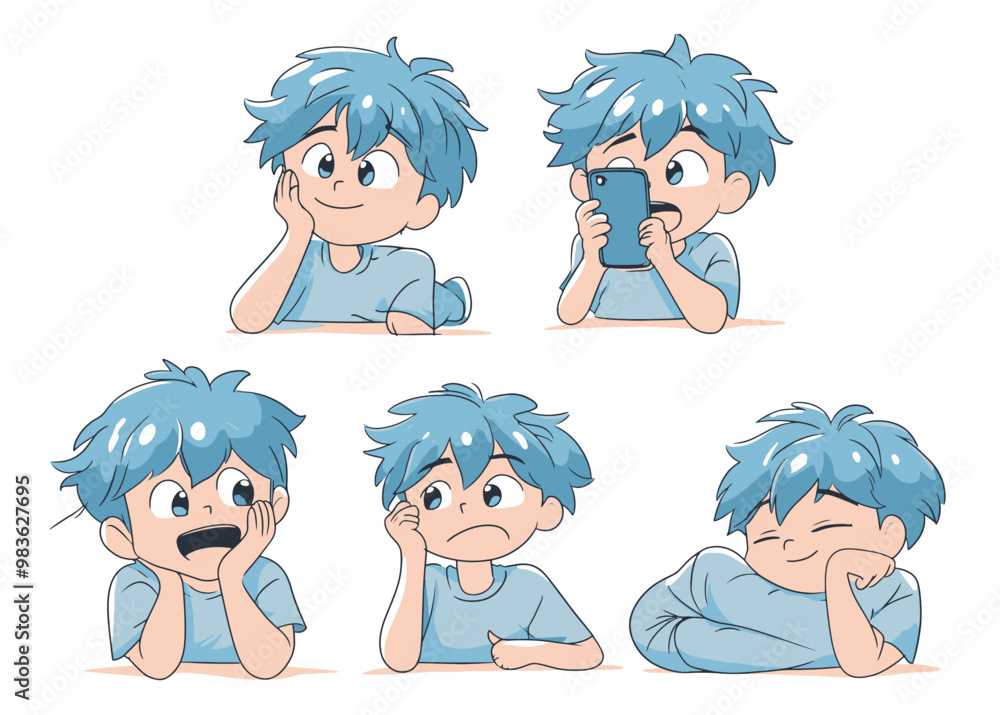 A young man with blue hair is shown in various emotional expressions, interacting with a smartphone, depicted in a cute, cartoon style.