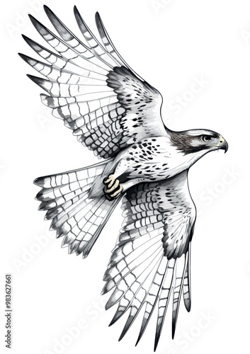 Obraz na płótnie Black and white illustration of a red-tailed hawk in flight, showcasing detailed feathers and outstretched wings. w salonie