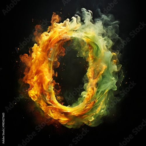 A striking number 0 surrounded by swirling green and orange flames. The fiery and smoky details give it a powerful and dynamic appearance, evoking a sense of energy and transformation.