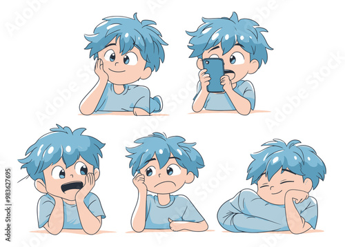 Obraz na płótnie A young man with blue hair is shown in various emotional expressions, interacting with a smartphone, depicted in a cute, cartoon style. w salonie