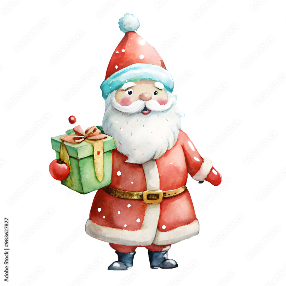 Fototapeta premium Watercolor clipart of Santa Claus on a transparent background.
