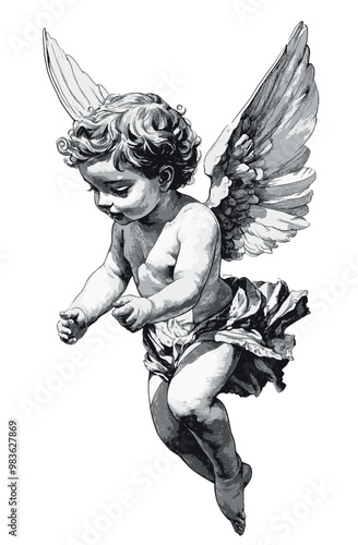 A black-and-white drawing of a cherub angel with wings, depicted in flight with detailed shading and soft features.