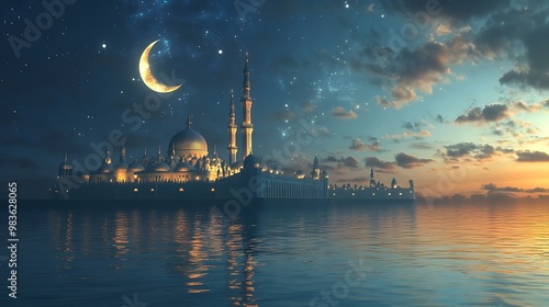 Mosque by the Water Under a Starry Sky