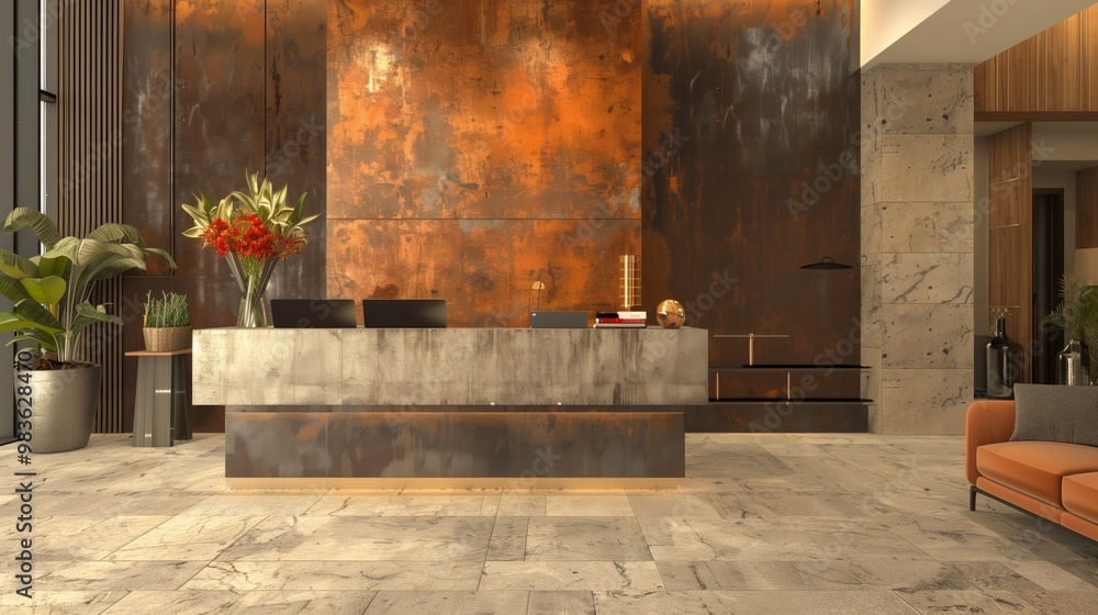 Modern Reception Area with Luxurious Decor and Warm Lighting in Contemporary Office Building Modern Reception Area with Luxurious Decor and Warm Lighting in Contemporary Office Building
