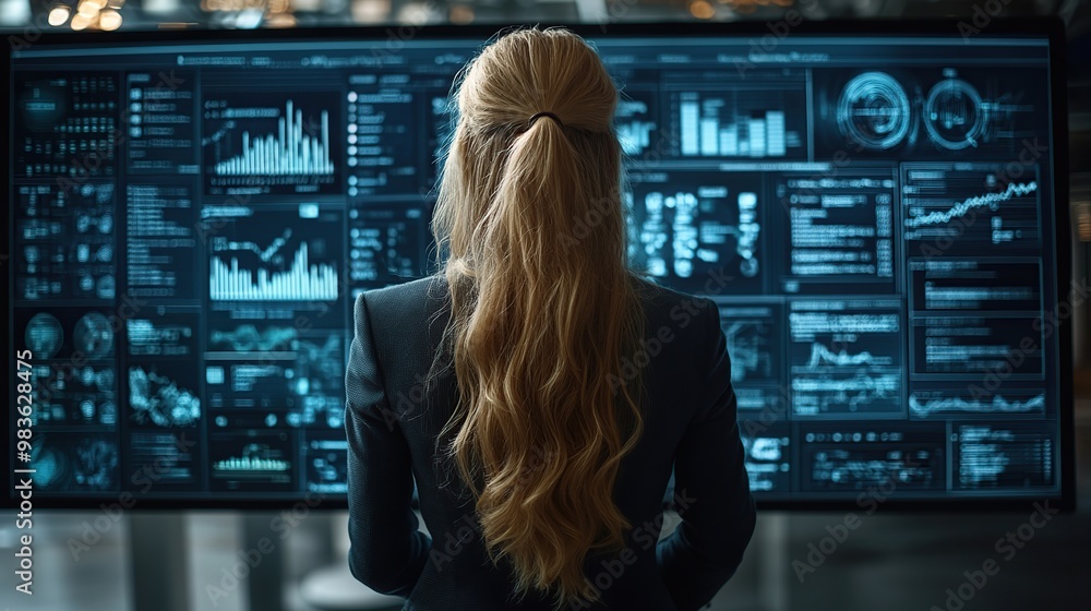 Businesswoman looking at data and graphs on a large screen, analyzing information. Businesswoman looking at data and graphs on a large screen, analyzing information.
