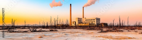 Post-Industrial Landscape with Dead Trees. photo