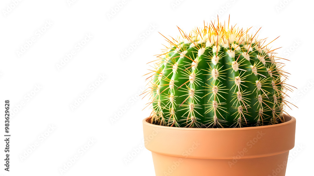 Potted cactus with spines, vibrant green color, isolated on white background. Potted cactus with spines, vibrant green color, isolated on white background.