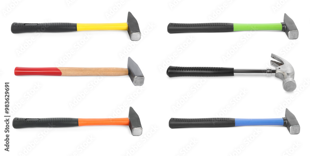 Collage with different hammers on white background Collage with different hammers on white background