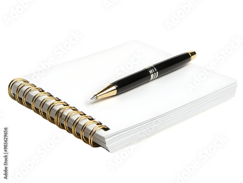 A sleek black pen resting on an open notebook with a spiral binding, showcasing a blank page for notes.