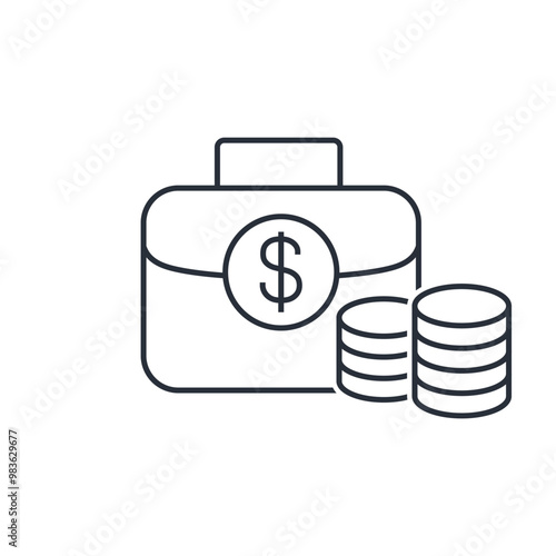 Business Briefcase. Suitcase with money. Symbol of wealth, success. Vector linear icon isolated on white background.