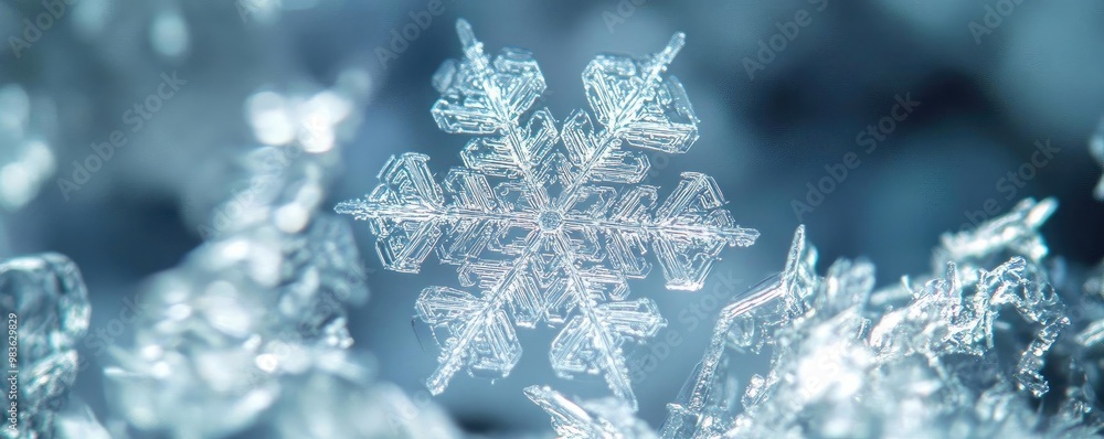 A stunning close-up of a delicate snowflake glistening on ice, showcasing intricate patterns and shimmering beauty. A stunning close-up of a delicate snowflake glistening on ice, showcasing intricate patterns and shimmering beauty.