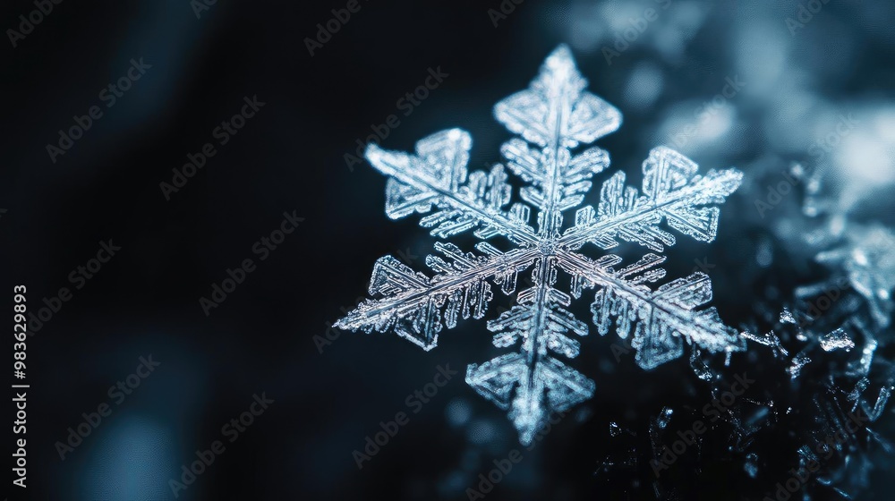 A close-up view of a delicate snowflake, showcasing intricate patterns and unique formations against a dark background. A close-up view of a delicate snowflake, showcasing intricate patterns and unique formations against a dark background.