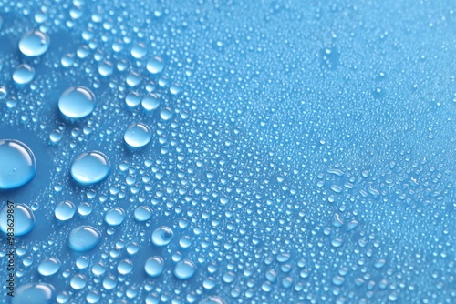 Water drops on blue background, above view