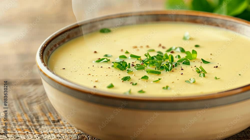 Steaming Bowl of Creamy Soup with Fresh Herbs in Rustic Wooden Bowl on Wooden Table Background - Perfect for Comfort Food, Winter Meals, and Restaurant Menus Steaming Bowl of Creamy Soup with Fresh Herbs in Rustic Wooden Bowl on Wooden Table Background - Perfect for Comfort Food, Winter Meals, and Restaurant Menus