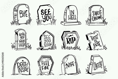 Set of Tombstones Stock Illustration. Halloween Grave Stone with Message. Rip tomb grave stone sketch icon