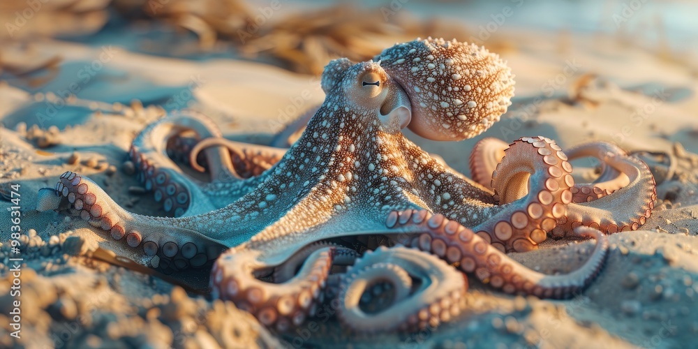 Naklejka premium Small octopus hiding in sandy environment using camouflage