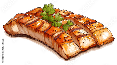 Deliciously grilled salmon fillet garnished with fresh herbs, on a white isolate background. photo