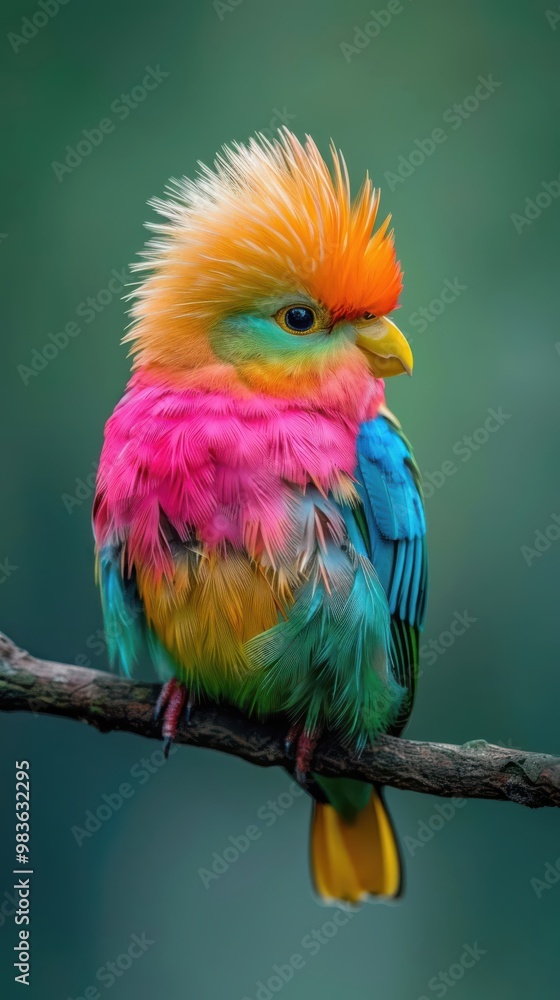 Fototapeta premium Brightly colored bird resting on a branch, its feathers gleaming in the sunlight.