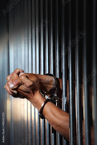 Vászonkép Hands in Handcuffs Behind Steel Bars in Prison