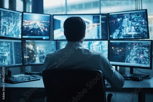 Photo of a security guard sitting in front of multiple monitors displaying live footage from the building he is monitoring, seen over his shoulder.