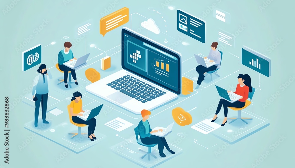 Bright and modern image of adults engaged in online learning or virtual classes, featuring digital platforms and collaborative tools, clean design Bright and modern image of adults engaged in online learning or virtual classes, featuring digital platforms and collaborative tools, clean design