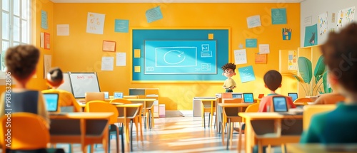 Bright and engaging scene showcasing modern educational tools, such as digital tablets and interactive whiteboards, in a vibrant classroom setting