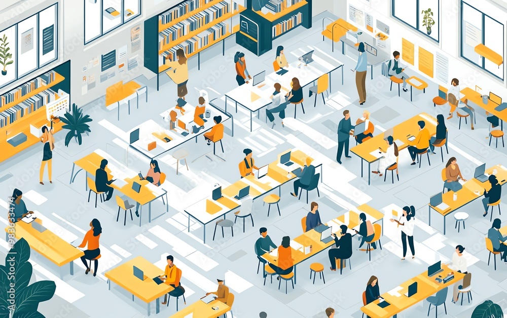 Dynamic depiction of a professional learning environment with diverse individuals engaged in lifelong education, clean and vibrant design Dynamic depiction of a professional learning environment with diverse individuals engaged in lifelong education, clean and vibrant design
