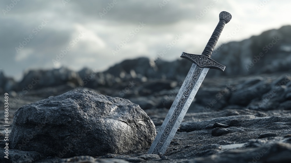 Legendary sword embedded in stone, echoing the tale of excalibur and its mythical origins Legendary sword embedded in stone, echoing the tale of excalibur and its mythical origins