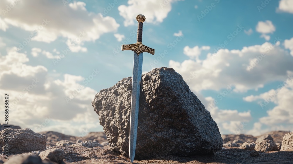 Obraz premium Legendary excalibur the mythical sword embedded in a rock, symbolizing power and destiny