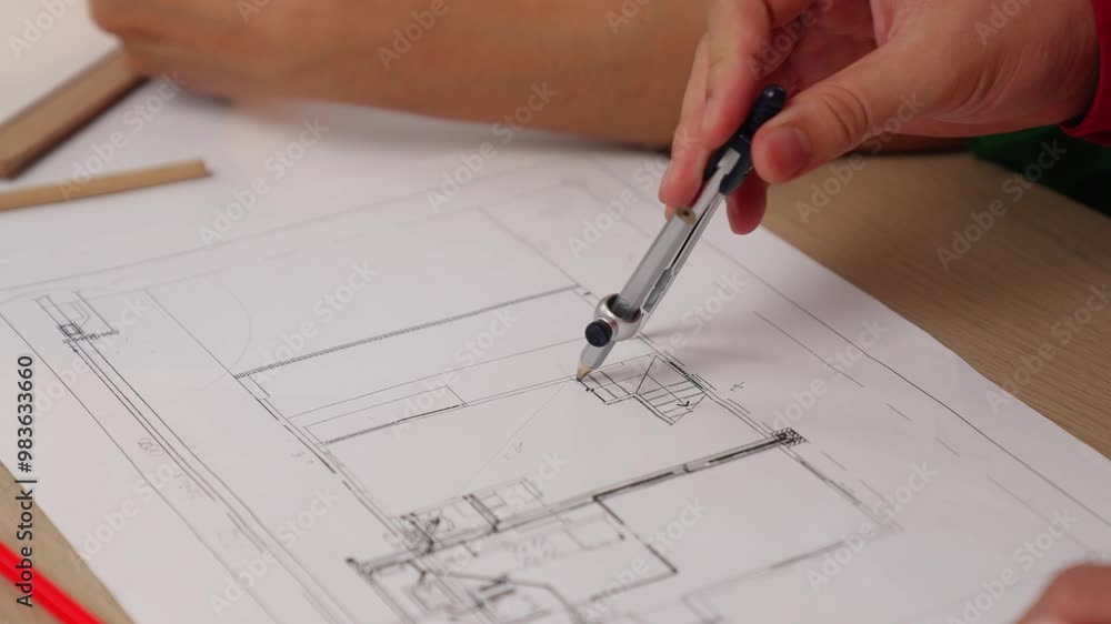 Slow motion interior designer drafting blueprint with customer supervise and oversee interior designer draw house room layout on home based on client demand. Architectural customer service. Variegated Slow motion interior designer drafting blueprint with customer supervise and oversee interior designer draw house room layout on home based on client demand. Architectural customer service. Variegated