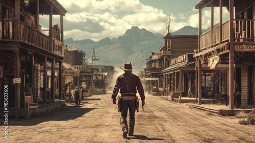 Cowboy stands poised for a dramatic duel in the center of a classic wild west town setting. photo