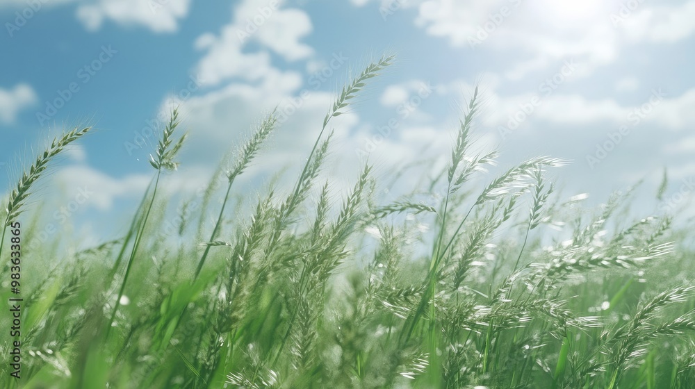 A serene landscape of tall grass swaying under a blue sky with fluffy clouds. A serene landscape of tall grass swaying under a blue sky with fluffy clouds.