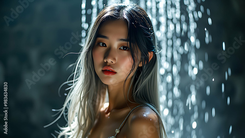 A beautiful young Korea woman with long gray to black hair, wet from the shower spray,