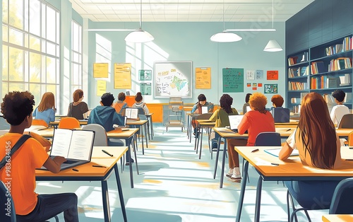 Illustration of diverse students studying together at modern desks, bright and clean classroom environment, engaging and interactive design