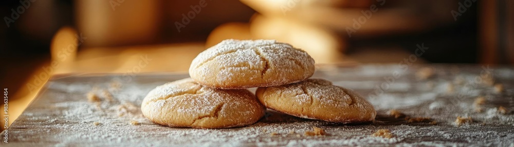 Freshly baked cookies dusted with flour, showcasing a rustic kitchen scene that invites warmth and deliciousness. Freshly baked cookies dusted with flour, showcasing a rustic kitchen scene that invites warmth and deliciousness.