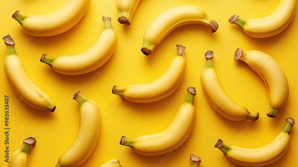 Yellow Bananas Flat Lay Pattern on Yellow Background Yellow Bananas Flat Lay Pattern on Yellow Background