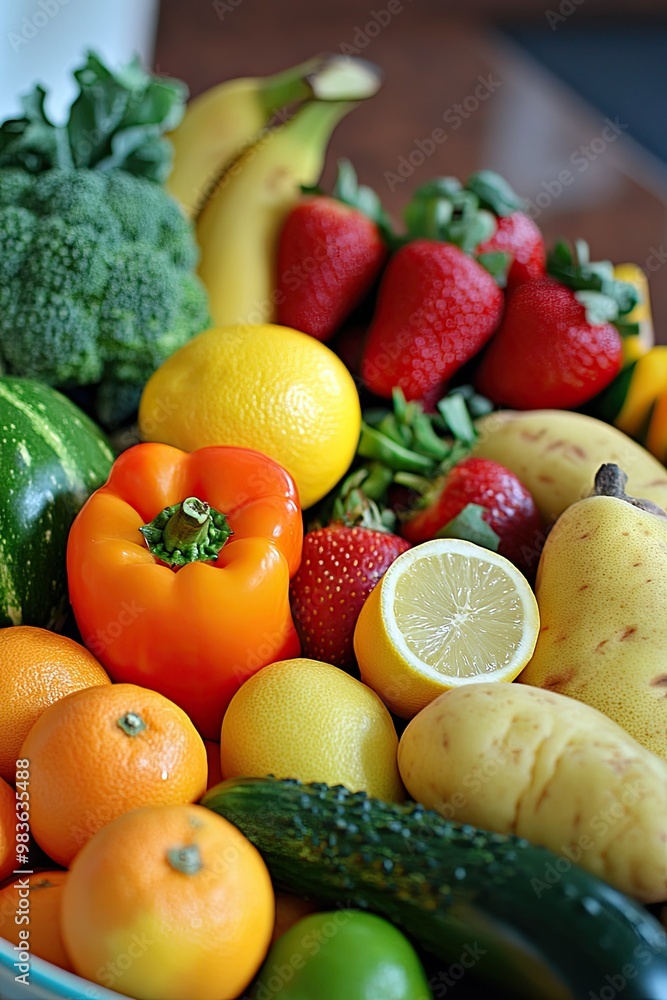 A vibrant assortment of fresh fruits and vegetables arranged in a bowl. A vibrant assortment of fresh fruits and vegetables arranged in a bowl.