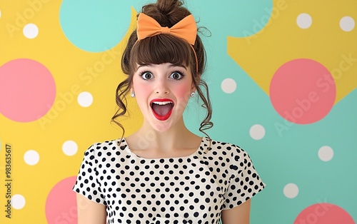 Cheerful Woman with Polka Dot Dress and Bright Background