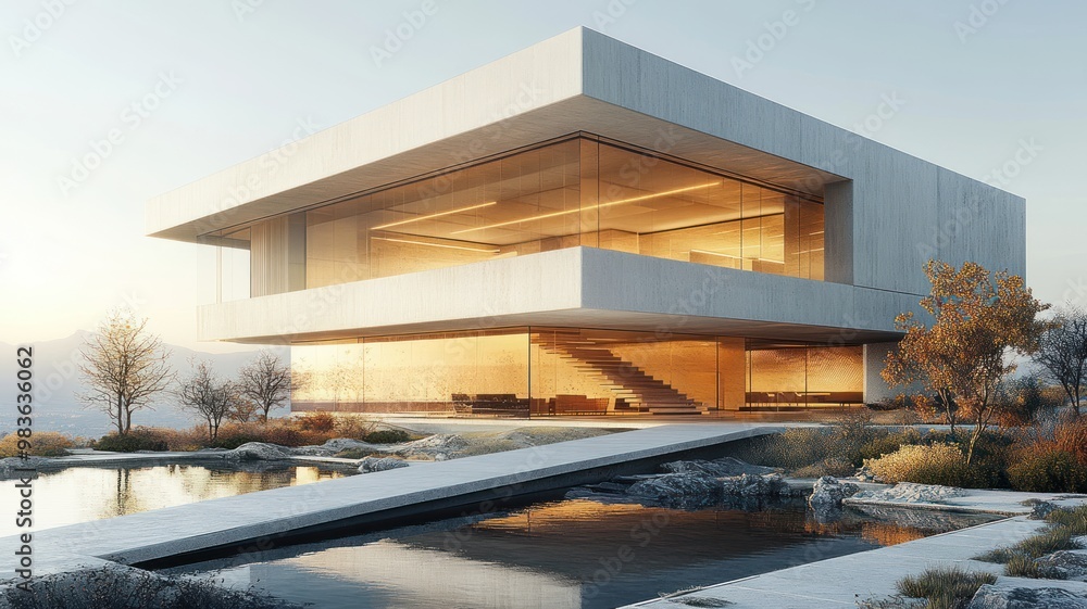 Modern architectural structure with large glass windows and serene landscape. Modern architectural structure with large glass windows and serene landscape.