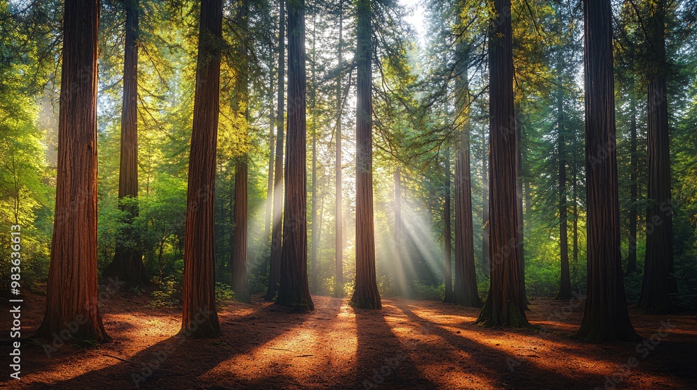 Obraz premium Sunlight streams through a grove of towering redwoods, illuminating the forest floor with warm light.