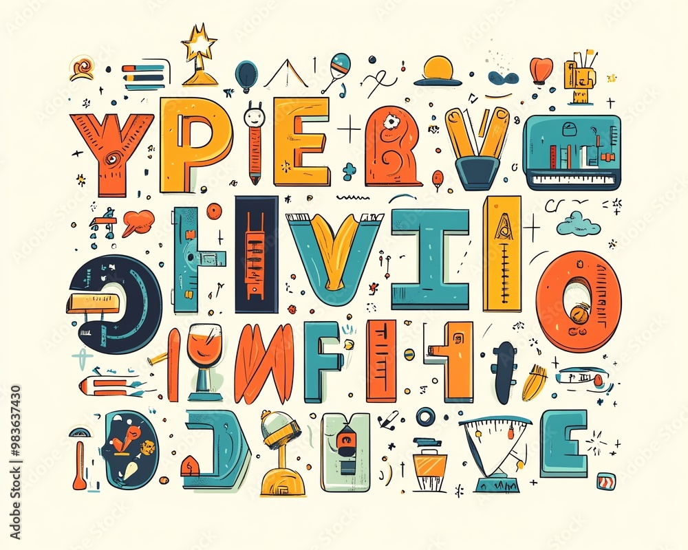 Illustration of the alphabet with each letter surrounded by relevant images or icons, vibrant and educational design, modern atmosphere Illustration of the alphabet with each letter surrounded by relevant images or icons, vibrant and educational design, modern atmosphere