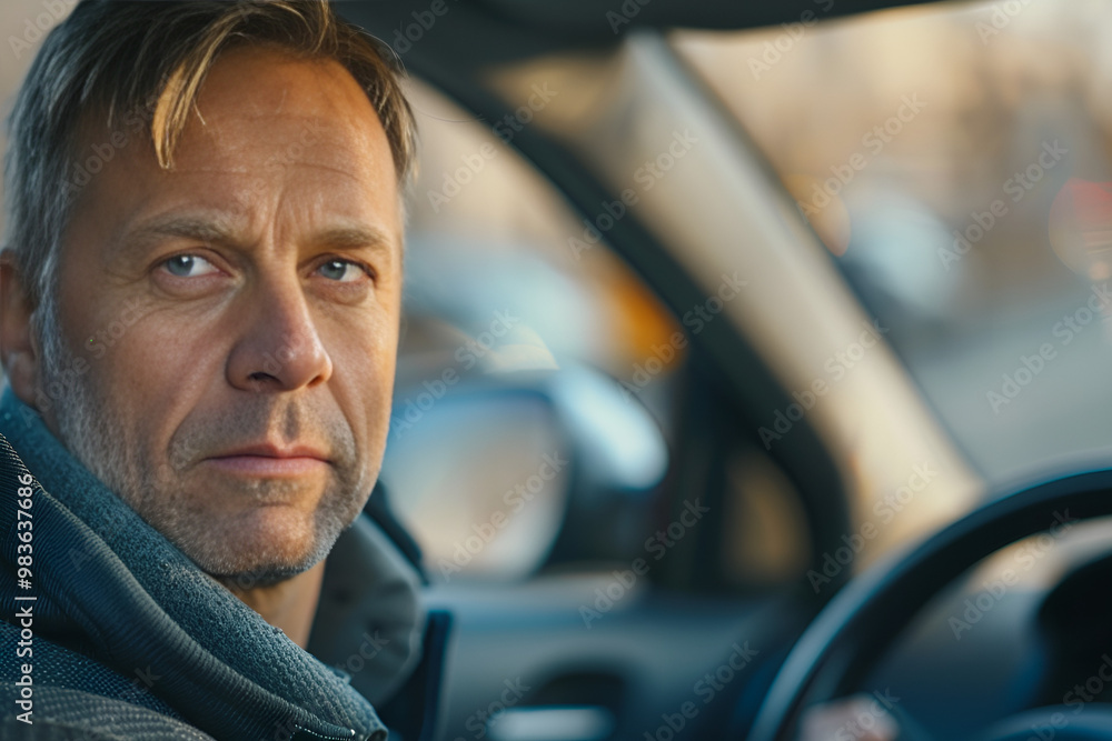 A portrait of an attractive mature man driving his car, looking into the camera with a serious expression and holding the steering wheel, Generative AI A portrait of an attractive mature man driving his car, looking into the camera with a serious expression and holding the steering wheel, Generative AI